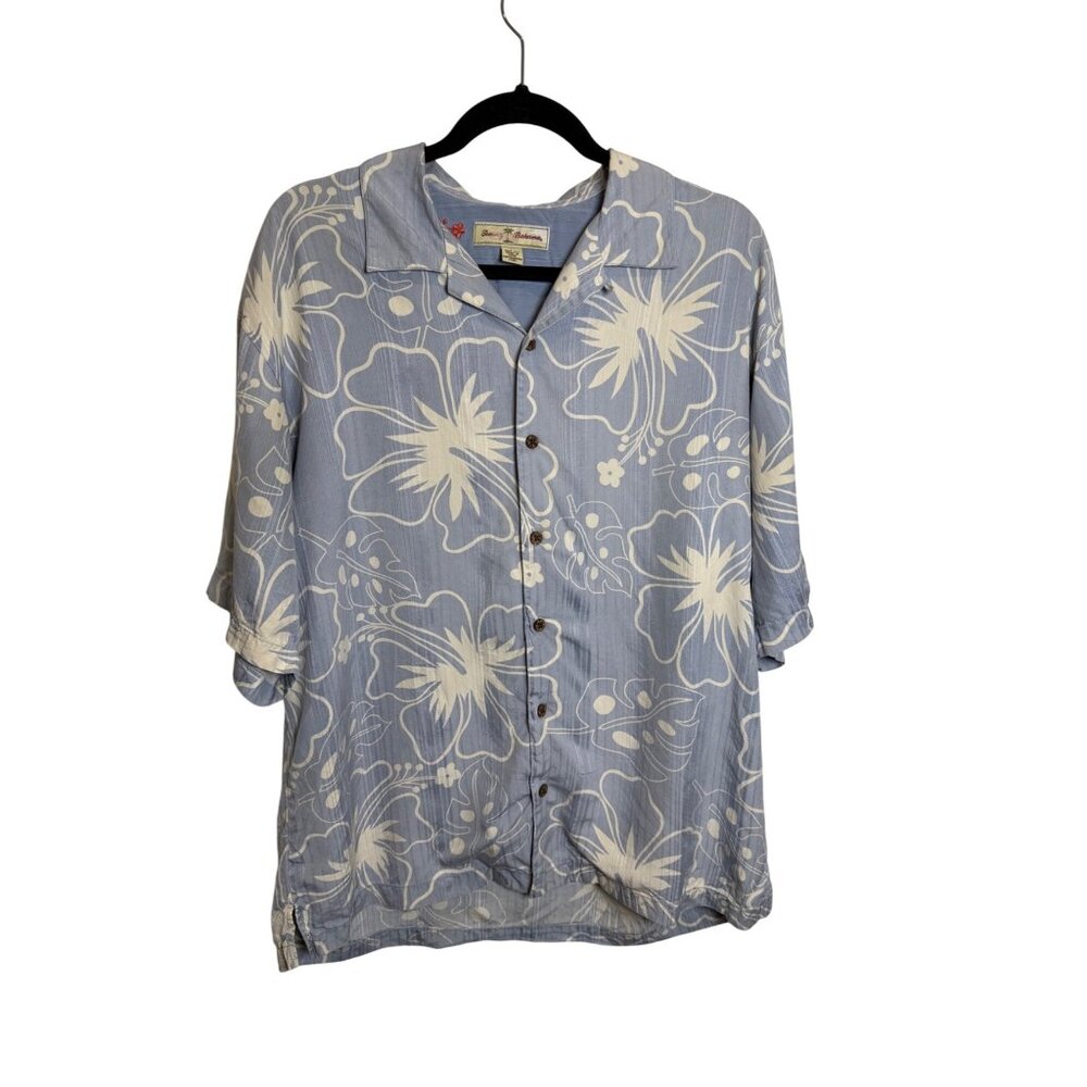 Tommy Bahama Men Light Blue Floral Button-Up‎ Shirt L 100% Silk Short Sleeves
